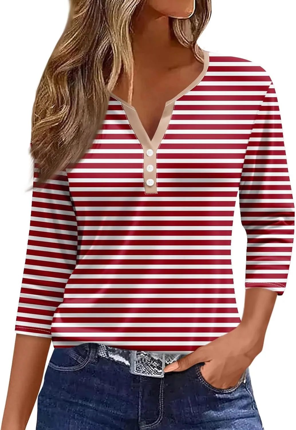 Womens Tops,Womens V Neck T Shirts Buttons Cute Striped Print Lightweight Casual 3/4 Sleeve Tops for Women Blouses Dressy Womens Tunic to Wear with Leggings Boho Clothes for Women Red,3XL