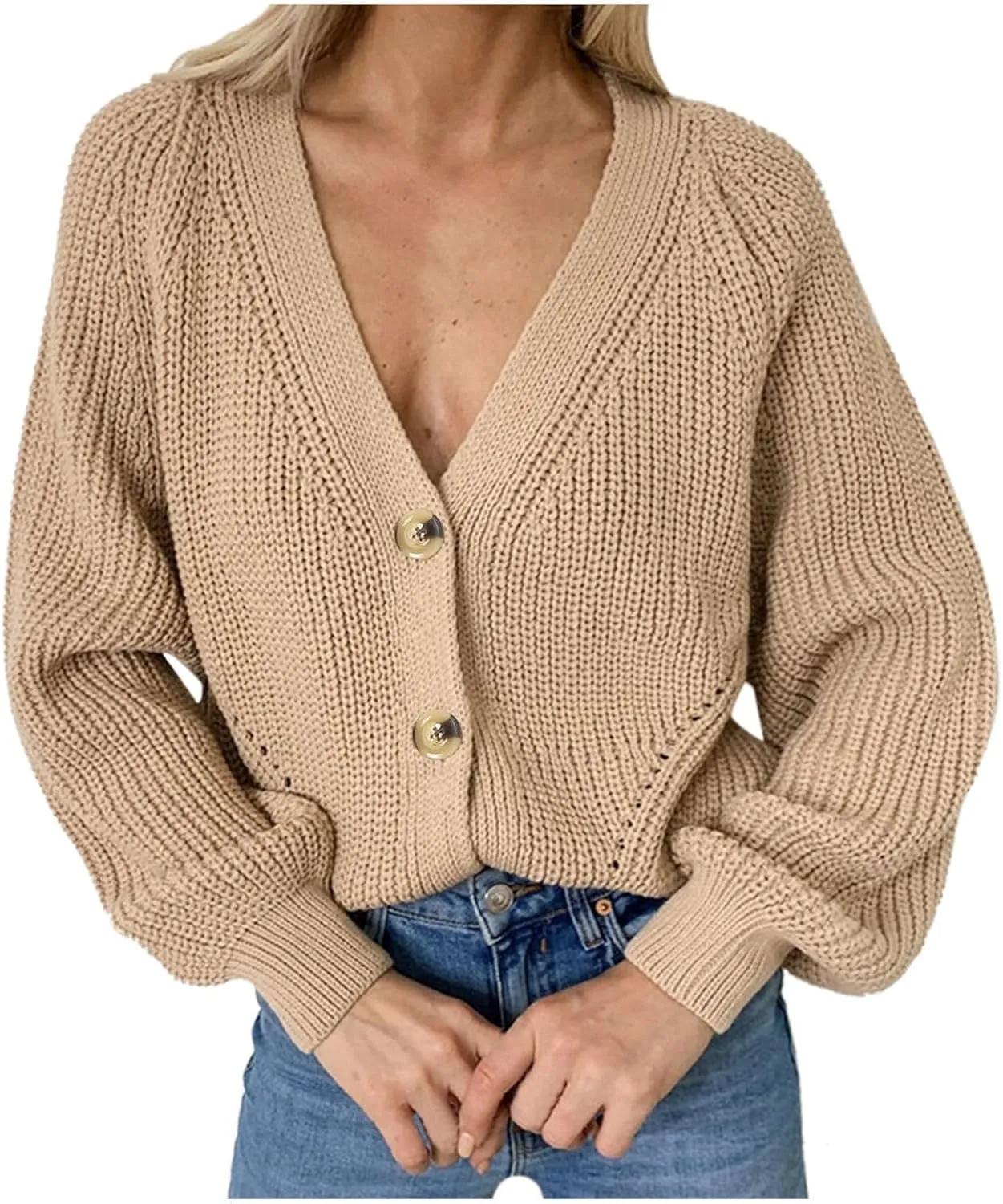 Womens Trendy Sweater Fall Vintage Thick Knitted V Neck Buttoned Long Sleeve Tunics Hollow Out Crochet Party Cardigan