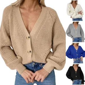Womens Trendy Sweater Fall Vintage Thick Knitted V Neck Buttoned Long Sleeve Tunics Hollow Out Crochet Party Cardigan