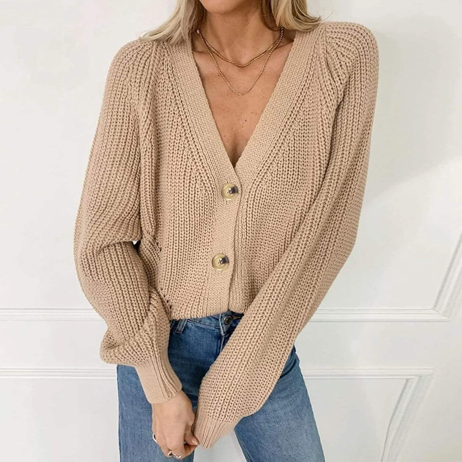 Womens Trendy Sweater Fall Vintage Thick Knitted V Neck Buttoned Long Sleeve Tunics Hollow Out Crochet Party Cardigan