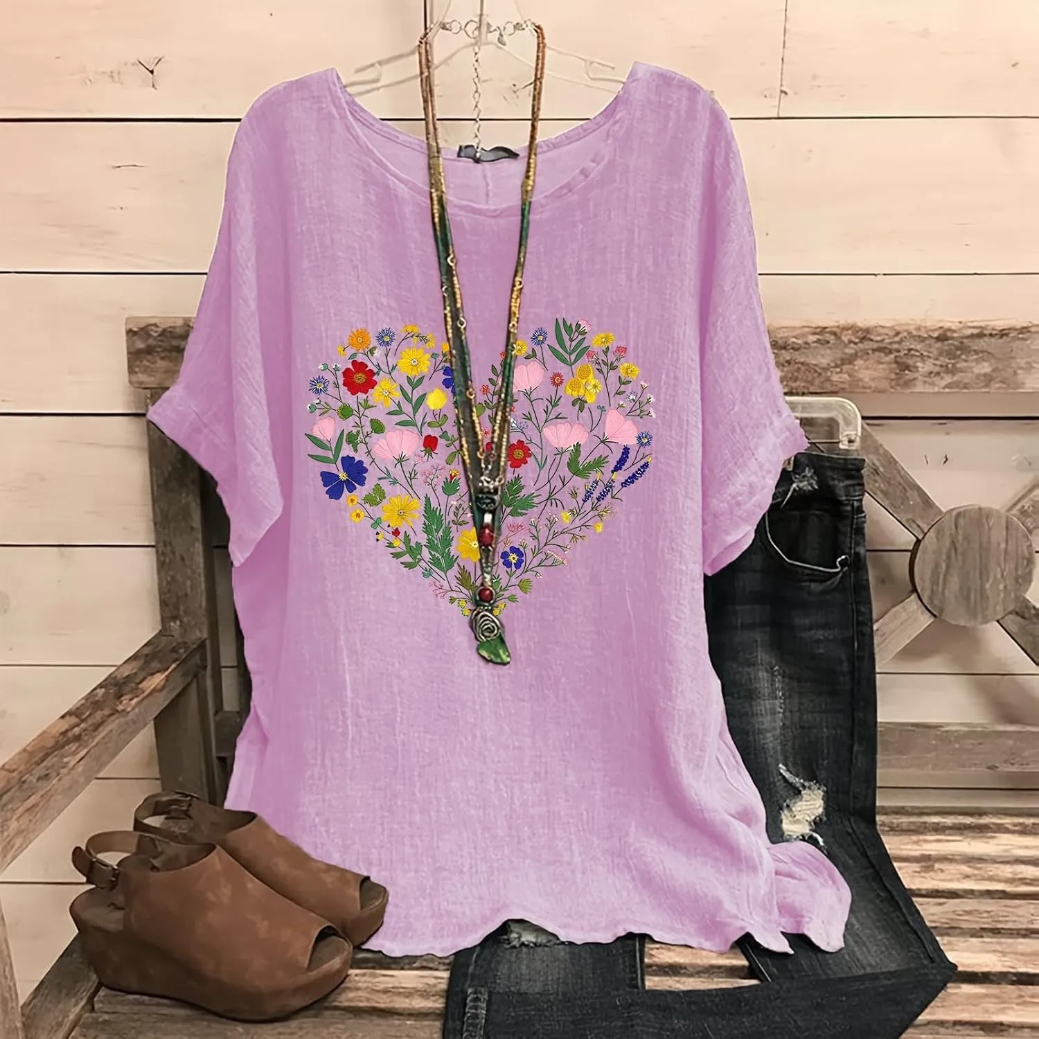 Womens Tshirts Cotton Loose Fit Lightweight Linen Blouses Soft Shirts Fashion Flower Print Casual Summer Blouse Tee