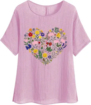 Womens Tshirts Cotton Loose Fit Lightweight Linen Blouses Soft Shirts Fashion Flower Print Casual Summer Blouse Tee