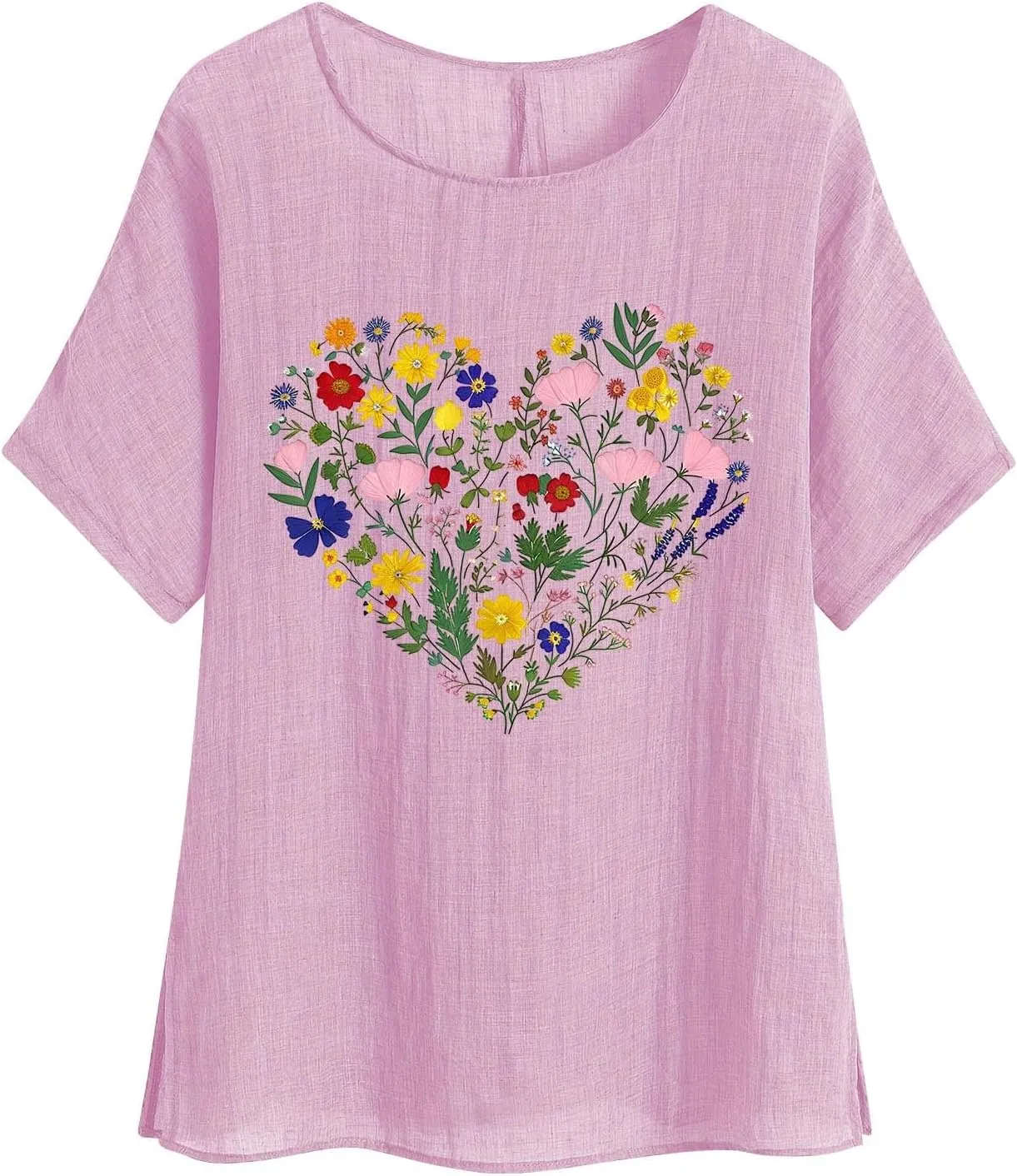 Womens Tshirts Cotton Loose Fit Lightweight Linen Blouses Soft Shirts Fashion Flower Print Casual Summer Blouse Tee