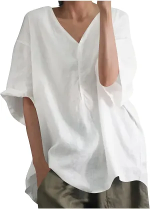 Womens Tshirts Cotton Loose Fit Linen Blouses Button Down Half Sleeve Casual V-Neck Oversized Summer Cotton T-Shirt