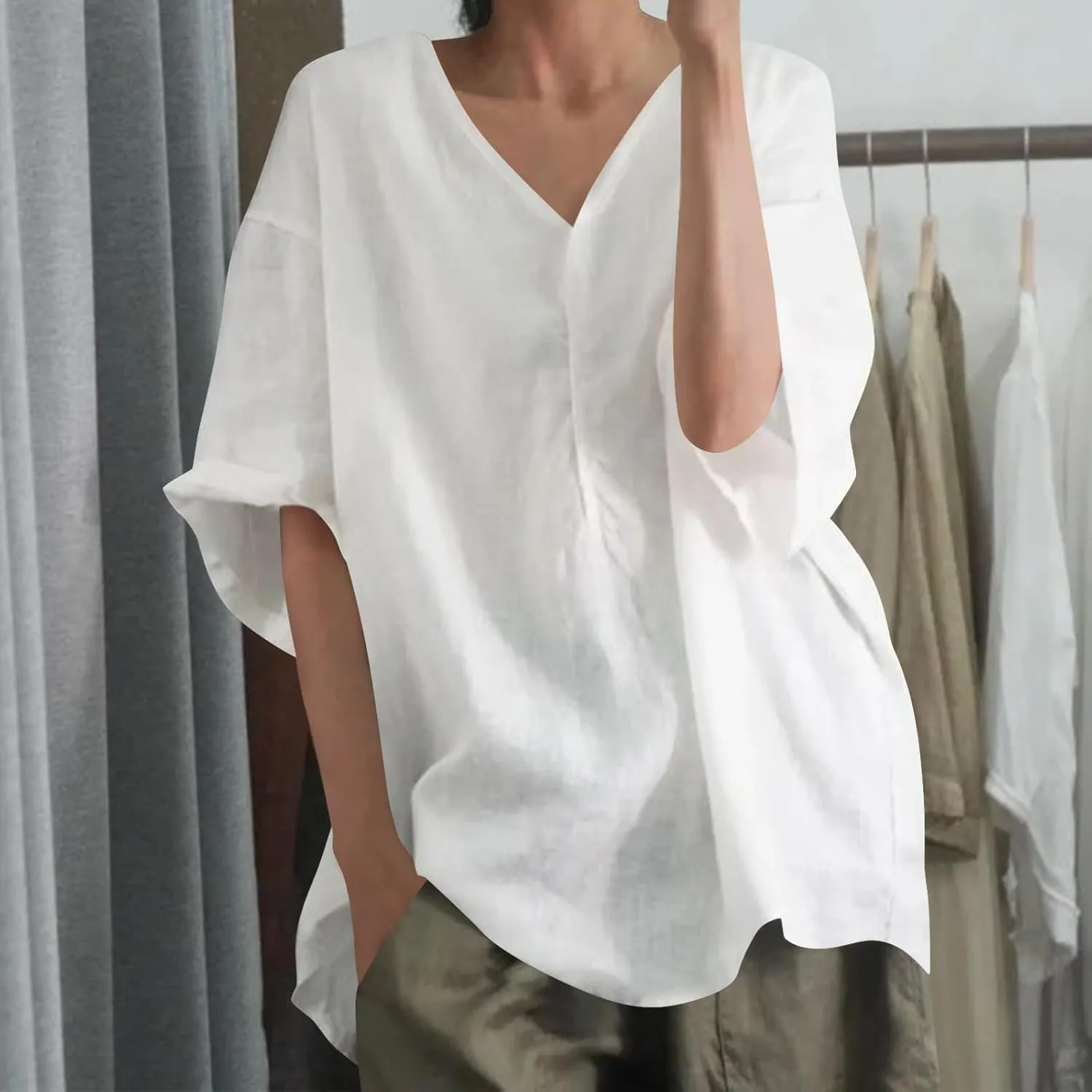 Womens Tshirts Cotton Loose Fit Linen Blouses Button Down Half Sleeve Casual V-Neck Oversized Summer Cotton T-Shirt