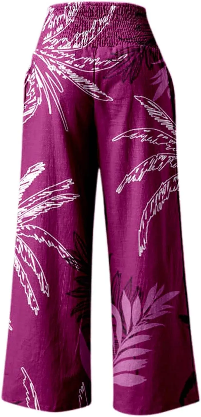 Women's Wide Leg Pants Casual Loose High Waist Stretchy Straight Trousers Comfy Lounge Running Pants Beach Trousers