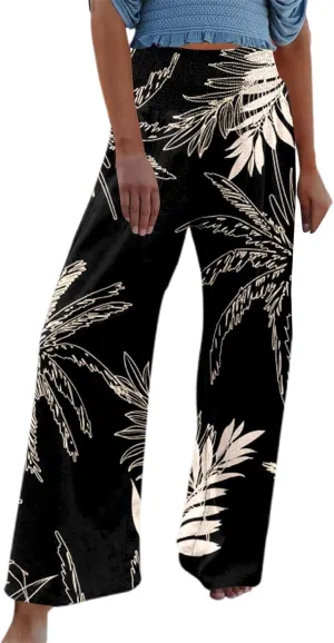 Women's Wide Leg Pants Casual Loose High Waist Stretchy Straight Trousers Comfy Lounge Running Pants Beach Trousers