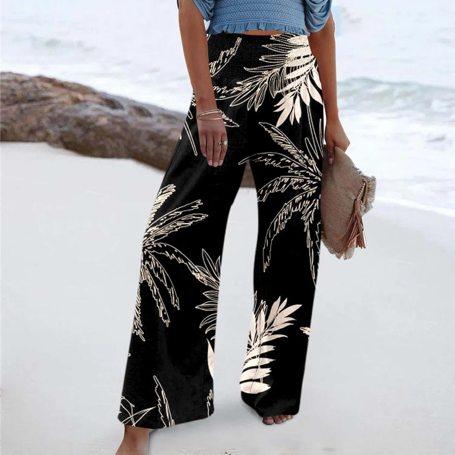 Women's Wide Leg Pants Casual Loose High Waist Stretchy Straight Trousers Comfy Lounge Running Pants Beach Trousers