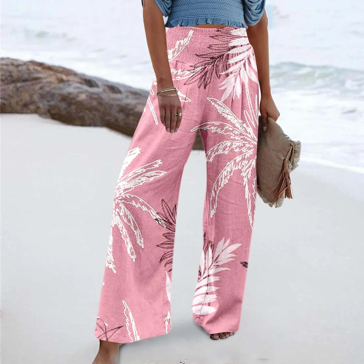 Women's Wide Leg Pants Casual Loose High Waist Stretchy Straight Trousers Comfy Lounge Running Pants Beach Trousers