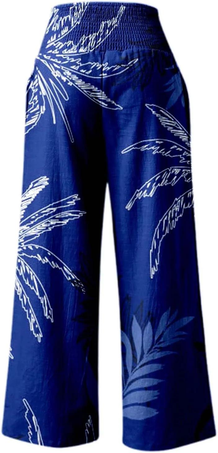 Women's Wide Leg Pants Casual Loose High Waist Stretchy Straight Trousers Comfy Lounge Running Pants Beach Trousers