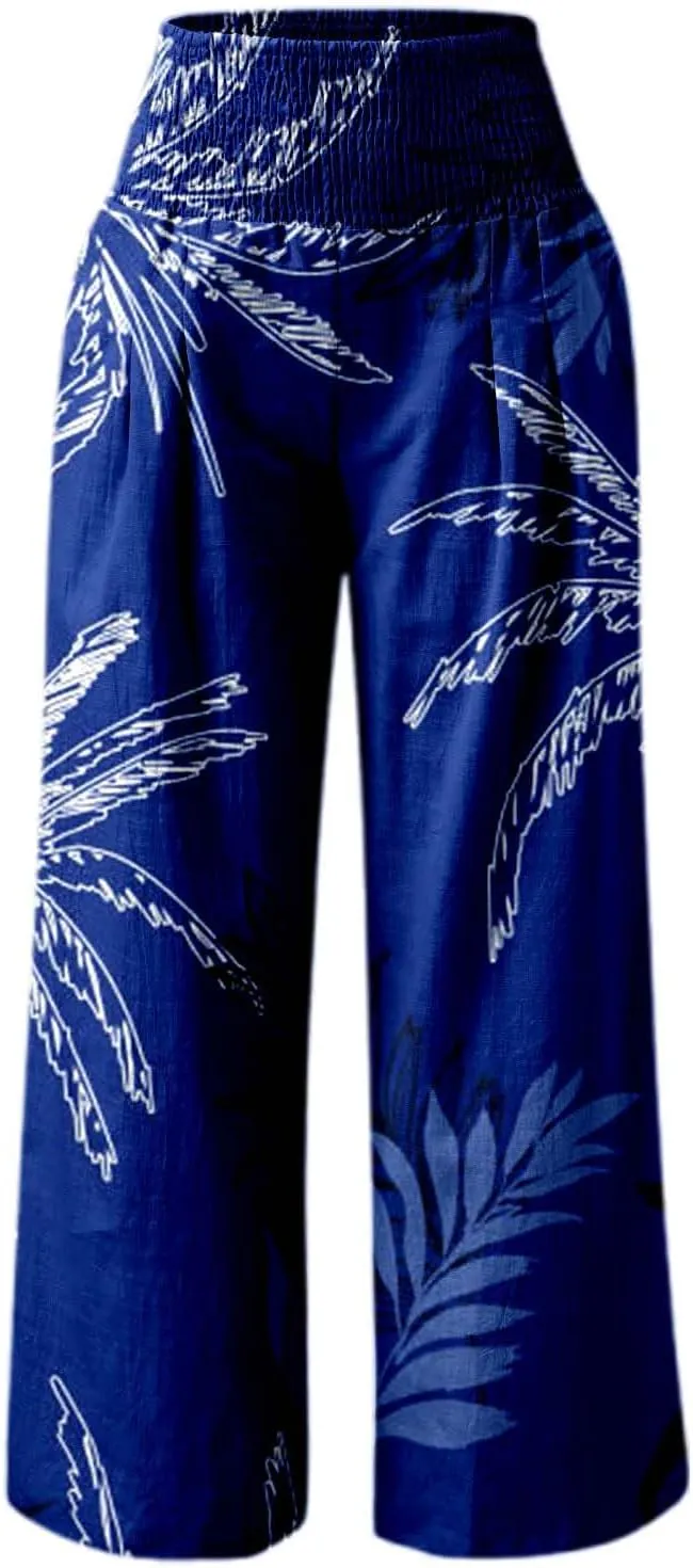 Women's Wide Leg Pants Casual Loose High Waist Stretchy Straight Trousers Comfy Lounge Running Pants Beach Trousers