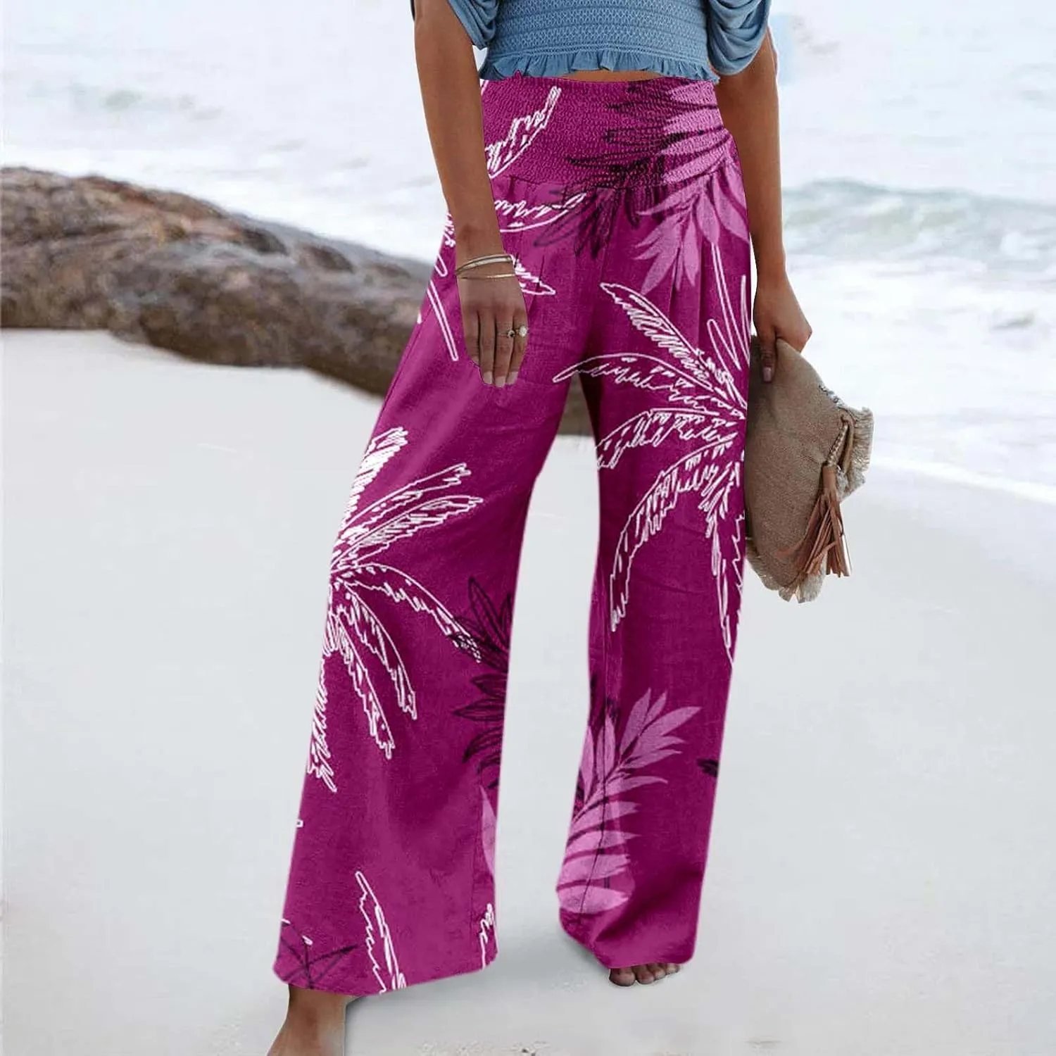 Women's Wide Leg Pants Casual Loose High Waist Stretchy Straight Trousers Comfy Lounge Running Pants Beach Trousers