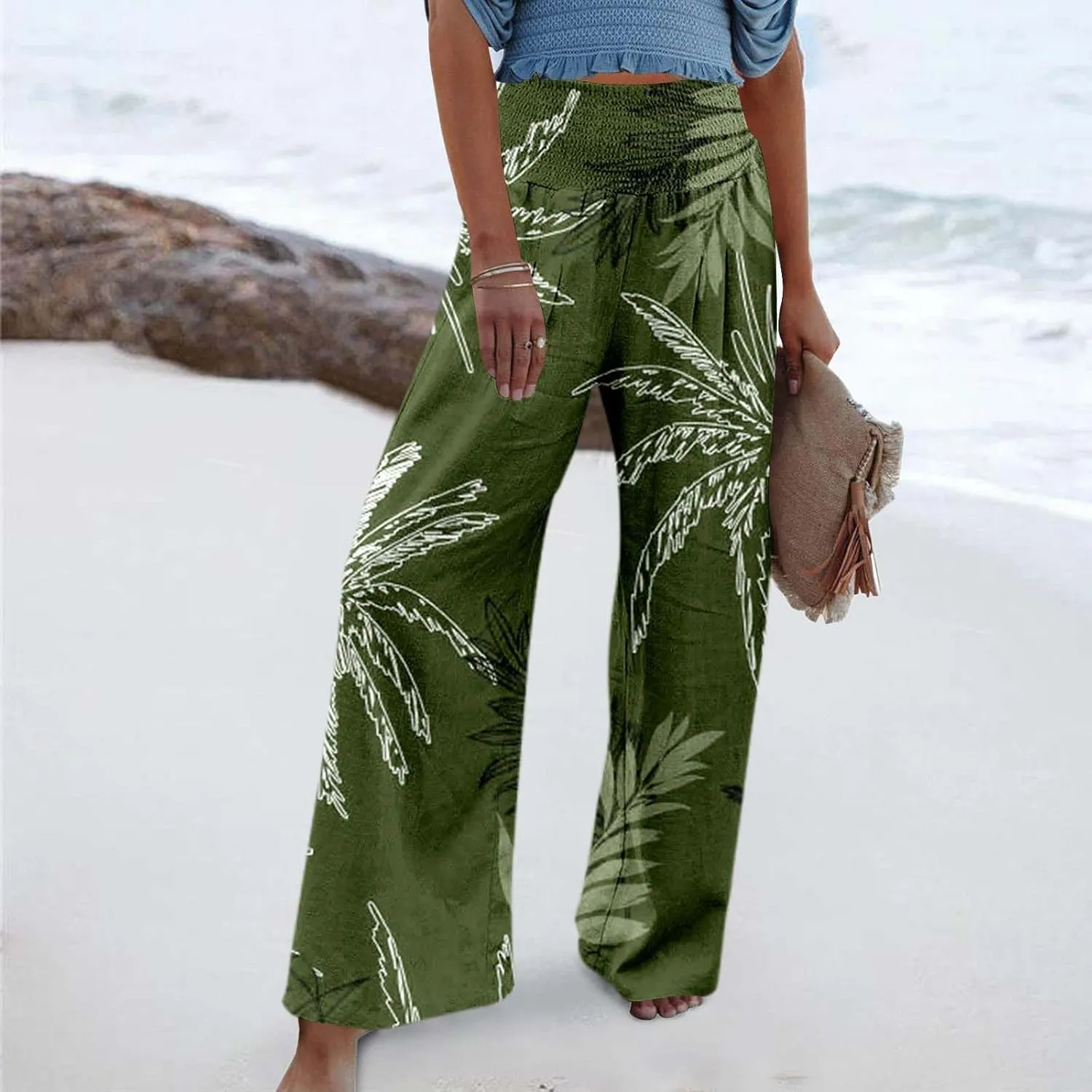 Women's Wide Leg Pants Casual Loose High Waist Stretchy Straight Trousers Comfy Lounge Running Pants Beach Trousers