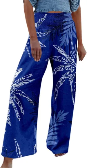 Women's Wide Leg Pants Casual Loose High Waist Stretchy Straight Trousers Comfy Lounge Running Pants Beach Trousers