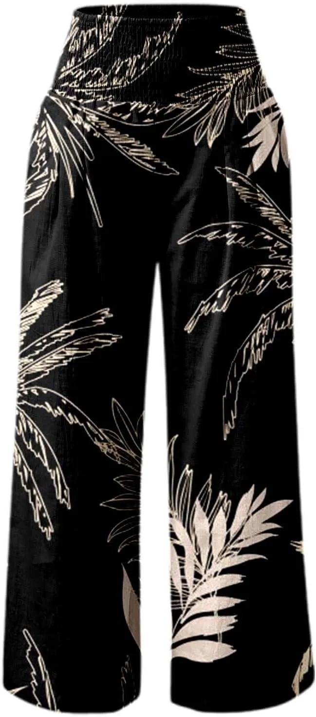 Women's Wide Leg Pants Casual Loose High Waist Stretchy Straight Trousers Comfy Lounge Running Pants Beach Trousers