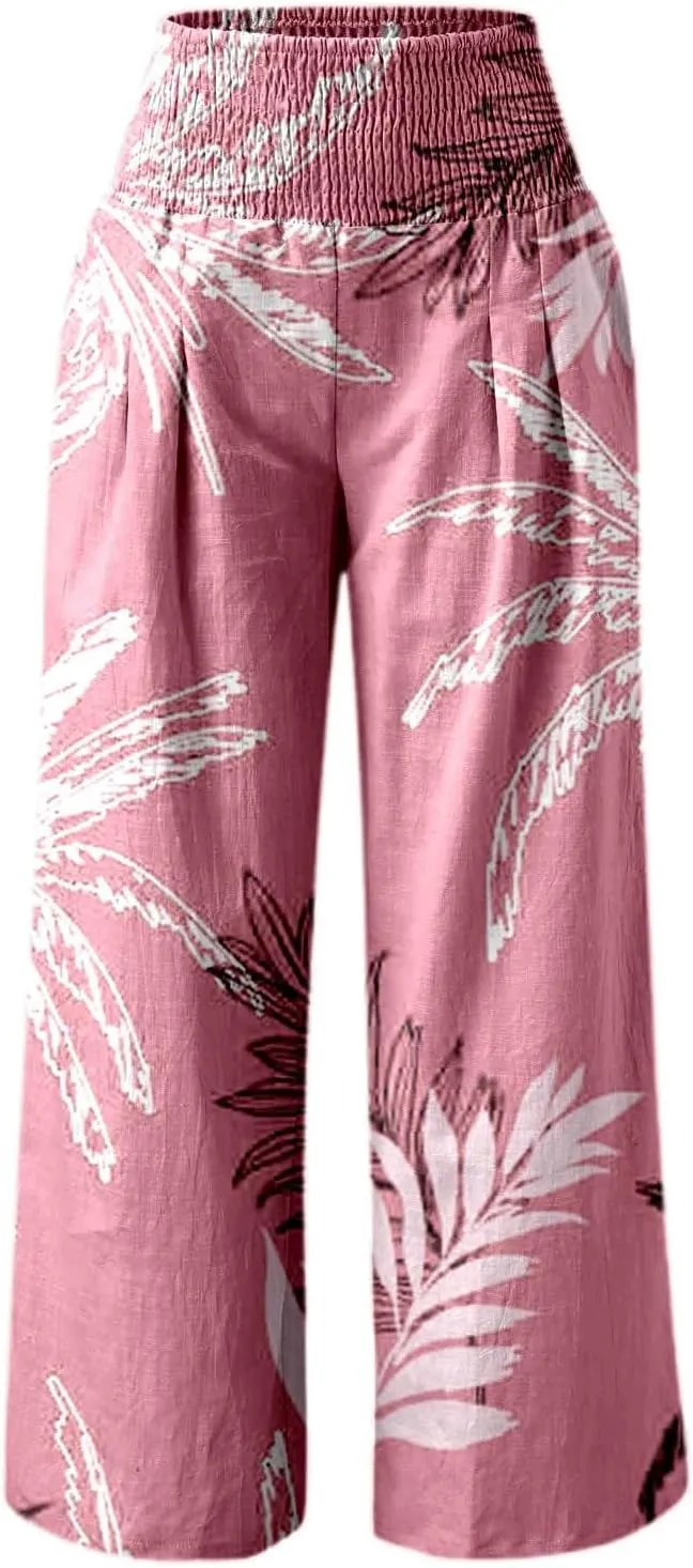 Women's Wide Leg Pants Casual Loose High Waist Stretchy Straight Trousers Comfy Lounge Running Pants Beach Trousers