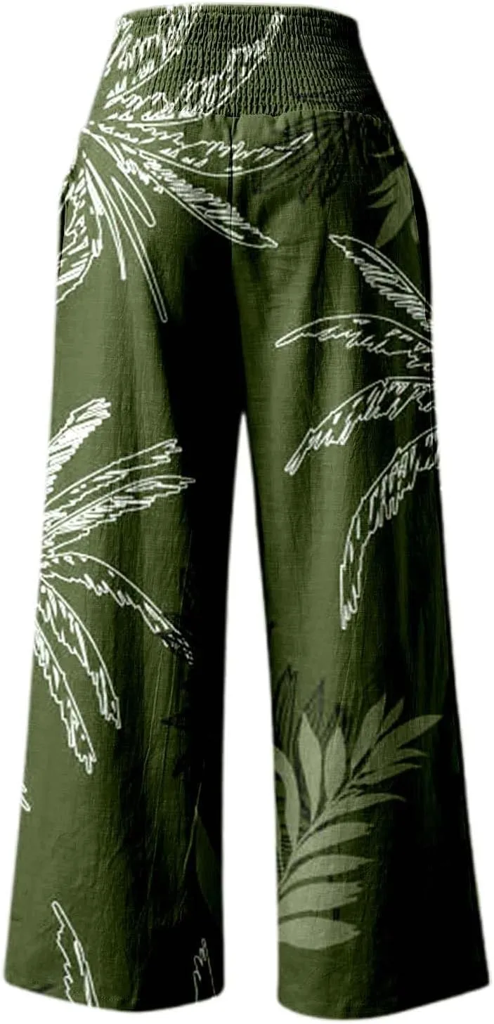 Women's Wide Leg Pants Casual Loose High Waist Stretchy Straight Trousers Comfy Lounge Running Pants Beach Trousers
