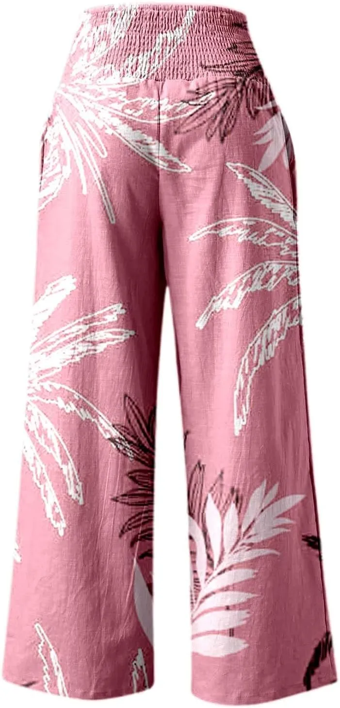 Women's Wide Leg Pants Casual Loose High Waist Stretchy Straight Trousers Comfy Lounge Running Pants Beach Trousers