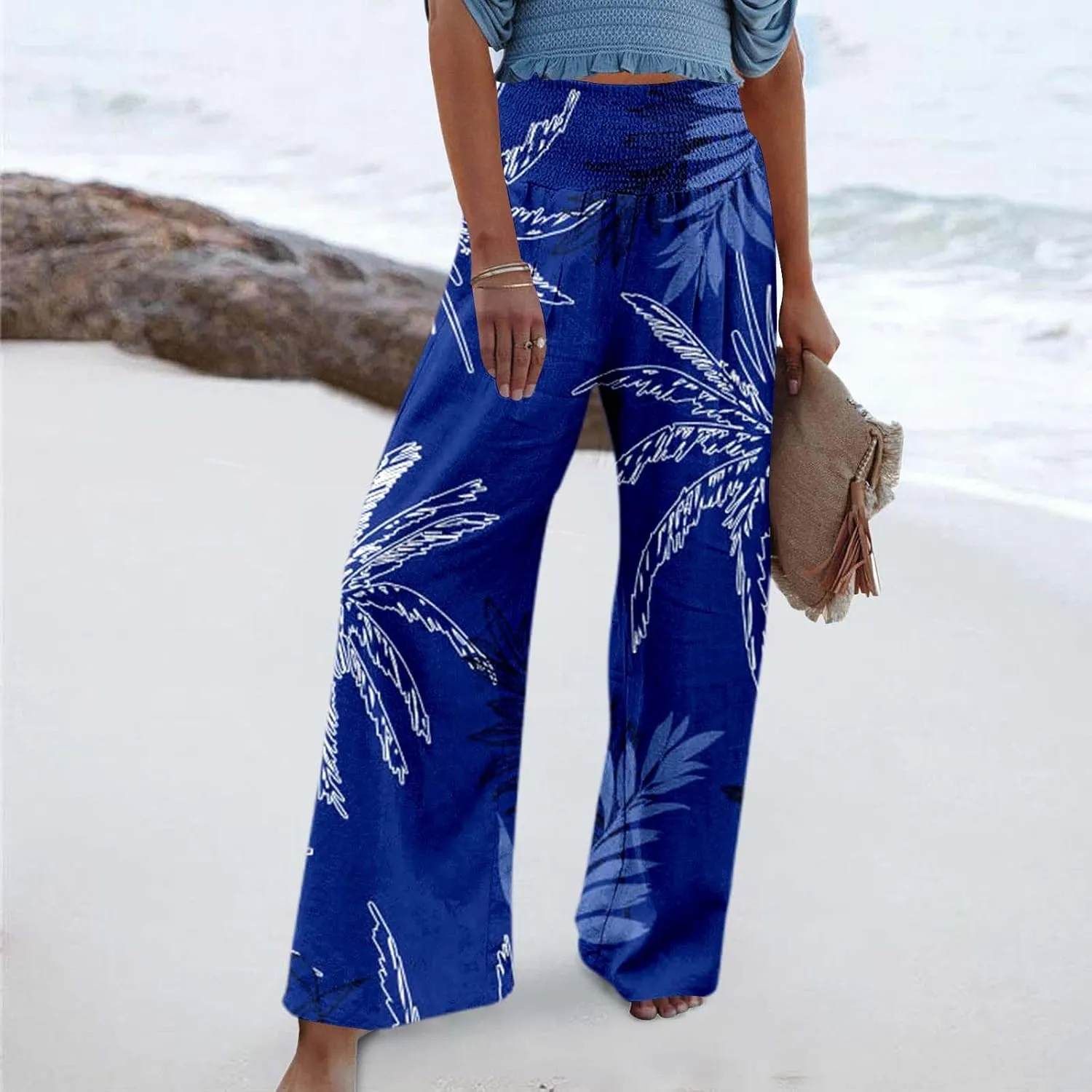 Women's Wide Leg Pants Casual Loose High Waist Stretchy Straight Trousers Comfy Lounge Running Pants Beach Trousers