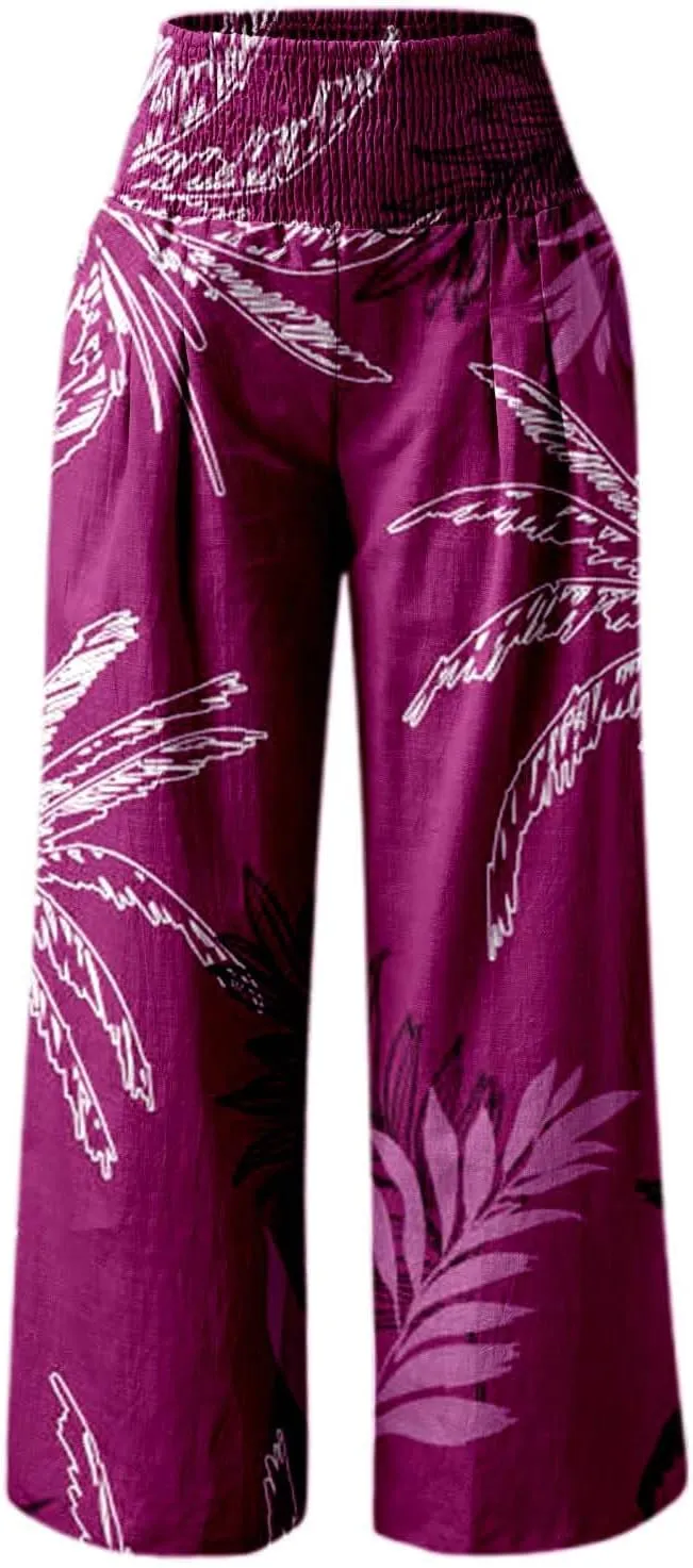 Women's Wide Leg Pants Casual Loose High Waist Stretchy Straight Trousers Comfy Lounge Running Pants Beach Trousers