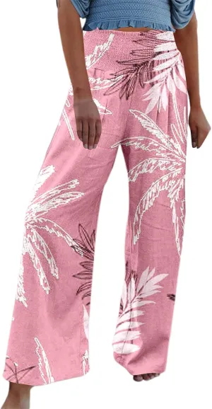 Women's Wide Leg Pants Casual Loose High Waist Stretchy Straight Trousers Comfy Lounge Running Pants Beach Trousers