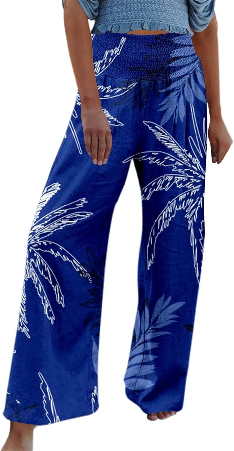Women's Wide Leg Pants Casual Loose High Waist Stretchy Straight Trousers Comfy Lounge Running Pants Beach Trousers
