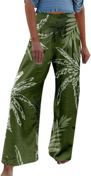 Women's Wide Leg Pants Casual Loose High Waist Stretchy Straight Trousers Comfy Lounge Running Pants Beach Trousers