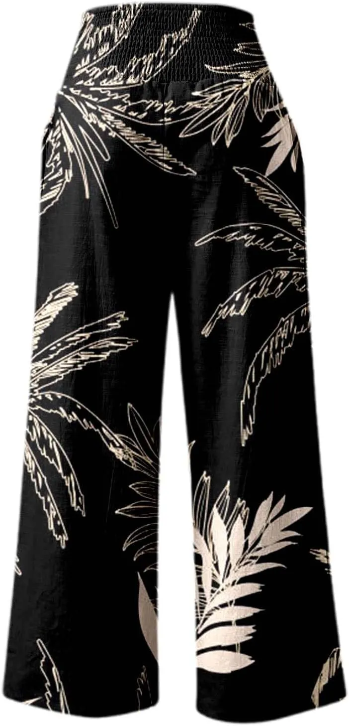 Women's Wide Leg Pants Casual Loose High Waist Stretchy Straight Trousers Comfy Lounge Running Pants Beach Trousers