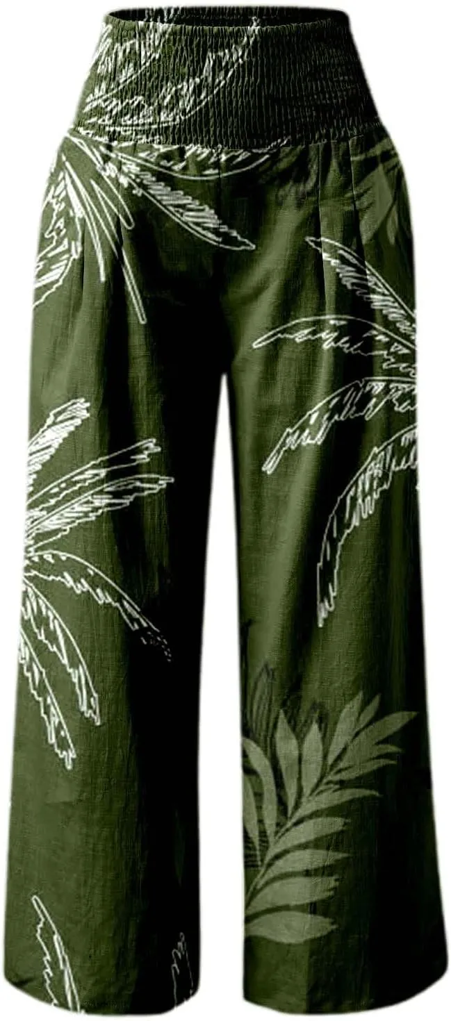 Women's Wide Leg Pants Casual Loose High Waist Stretchy Straight Trousers Comfy Lounge Running Pants Beach Trousers