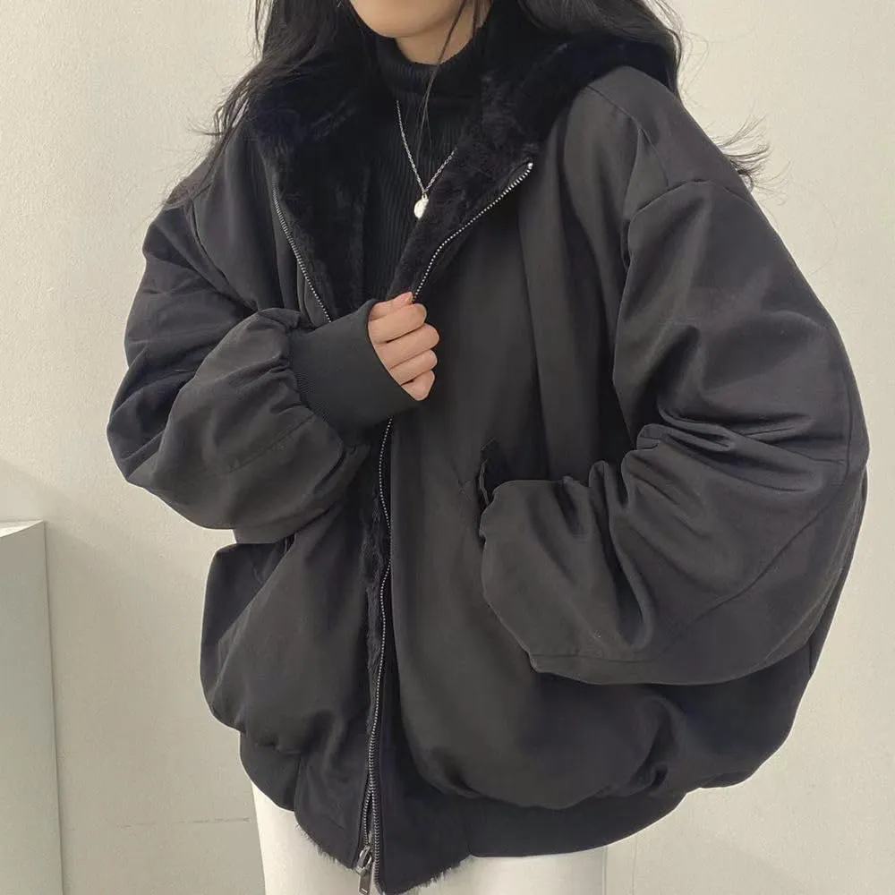 Women's Winter Fleece Jacket Reversible Zip Up Grunge Jacket Long Sleeve Oversized Hoodie Coat