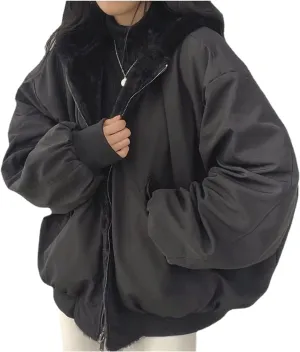 Women's Winter Fleece Jacket Reversible Zip Up Grunge Jacket Long Sleeve Oversized Hoodie Coat