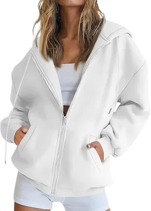 Womens Zip Up Hoodies Oversized Long Sleeve Fleece Jacket with Pockets Casual Comfy Loose Hooded Sweatshirt Outerwear