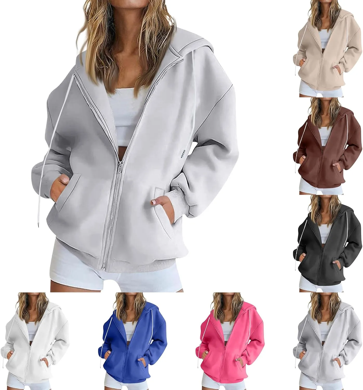 Womens Zip Up Hoodies Oversized Long Sleeve Fleece Jacket with Pockets Casual Comfy Loose Hooded Sweatshirt Outerwear