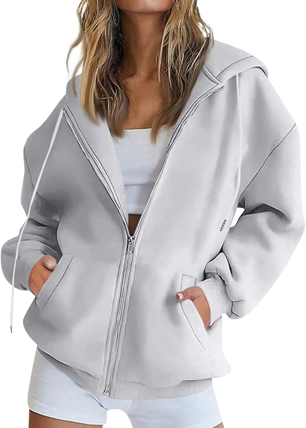 Womens Zip Up Hoodies Oversized Long Sleeve Fleece Jacket with Pockets Casual Comfy Loose Hooded Sweatshirt Outerwear