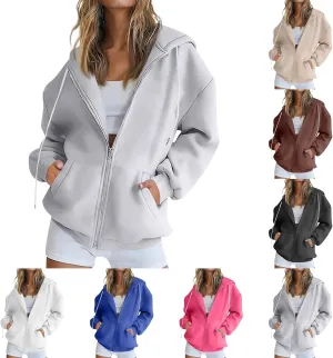 Womens Zip Up Hoodies Oversized Long Sleeve Fleece Jacket with Pockets Casual Comfy Loose Hooded Sweatshirt Outerwear