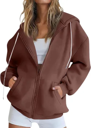 Womens Zip Up Hoodies Oversized Long Sleeve Fleece Jacket with Pockets Casual Comfy Loose Hooded Sweatshirt Outerwear