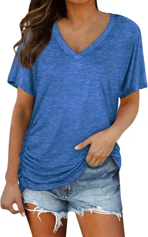 XIAOBU Leisure T-Shirt Women's Loose V Neck Short Sleeve Tunic Tops Shirred Side Hem Solid Soft Cozy Tee Shirt