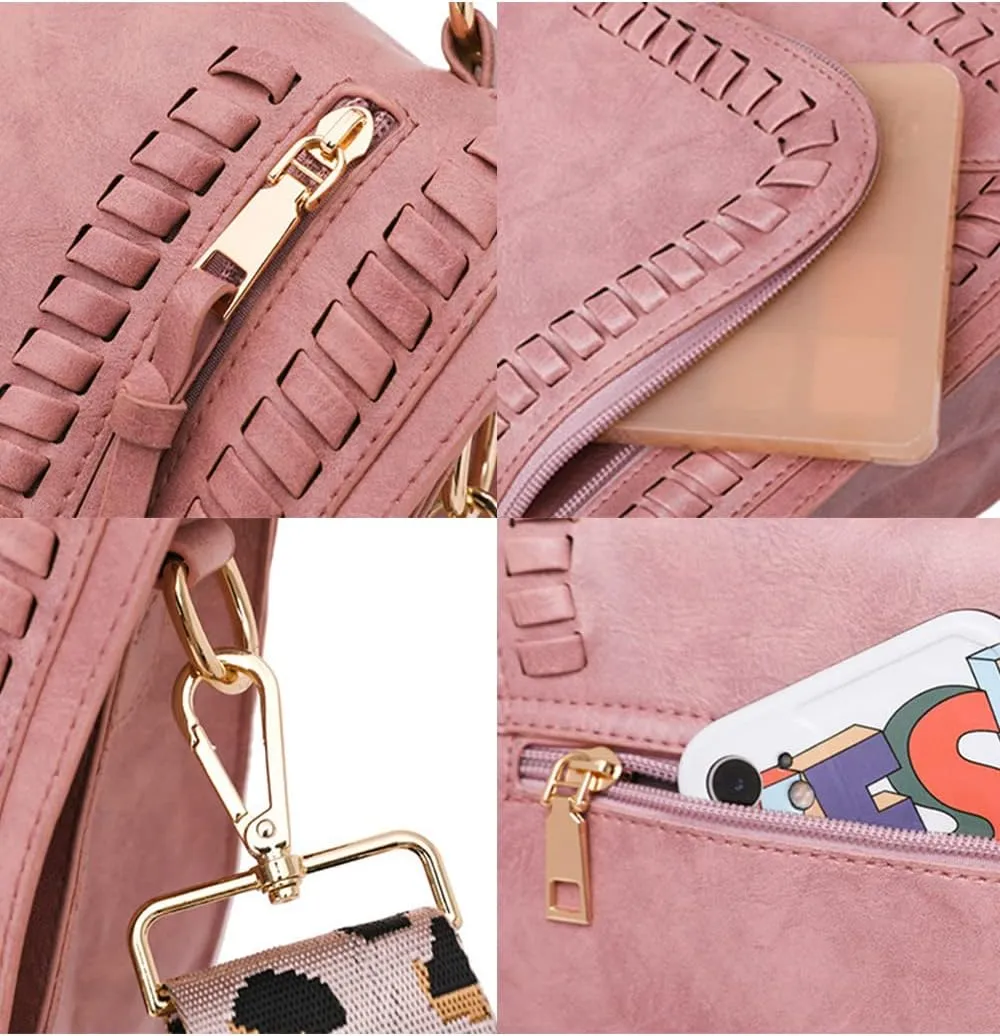 YAQUNICER Retro Tassel Saddle Bag Shoulder Bag Leopard Print Strap Tote Bags Satchel Purse