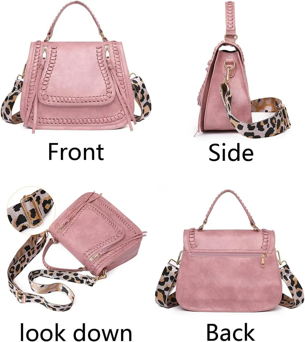 YAQUNICER Retro Tassel Saddle Bag Shoulder Bag Leopard Print Strap Tote Bags Satchel Purse