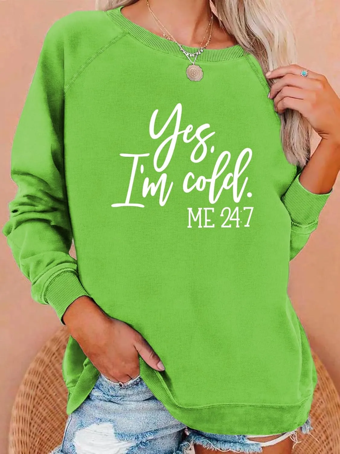 Yes I'm Cold Me 24:7 Sweatshirt Women Funny Letter Print Graphic Casual Loose Long Sleeve Pullover Tops