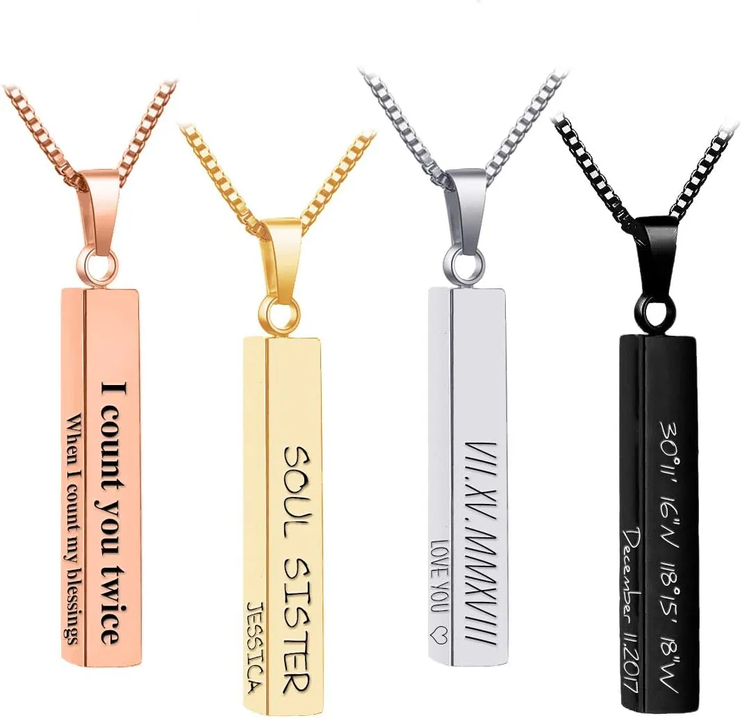 Yofair Custom Couples Necklace Personalized Vertical Bar Necklace Engraved Coordinate Bar Pendant Couples Gifts for Men Women
