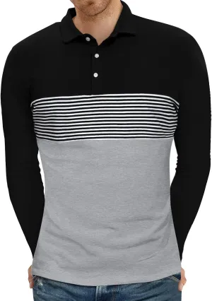 YTD Men's Short Sleeve Polo Shirts Casual Slim Fit Contrast Color Stitching Stripe Cotton Shirts