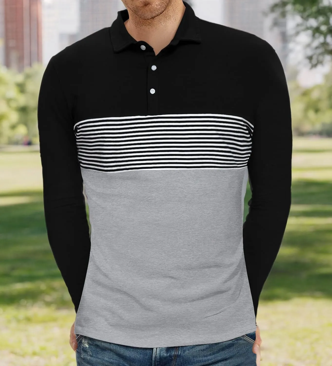 YTD Men's Short Sleeve Polo Shirts Casual Slim Fit Contrast Color Stitching Stripe Cotton Shirts
