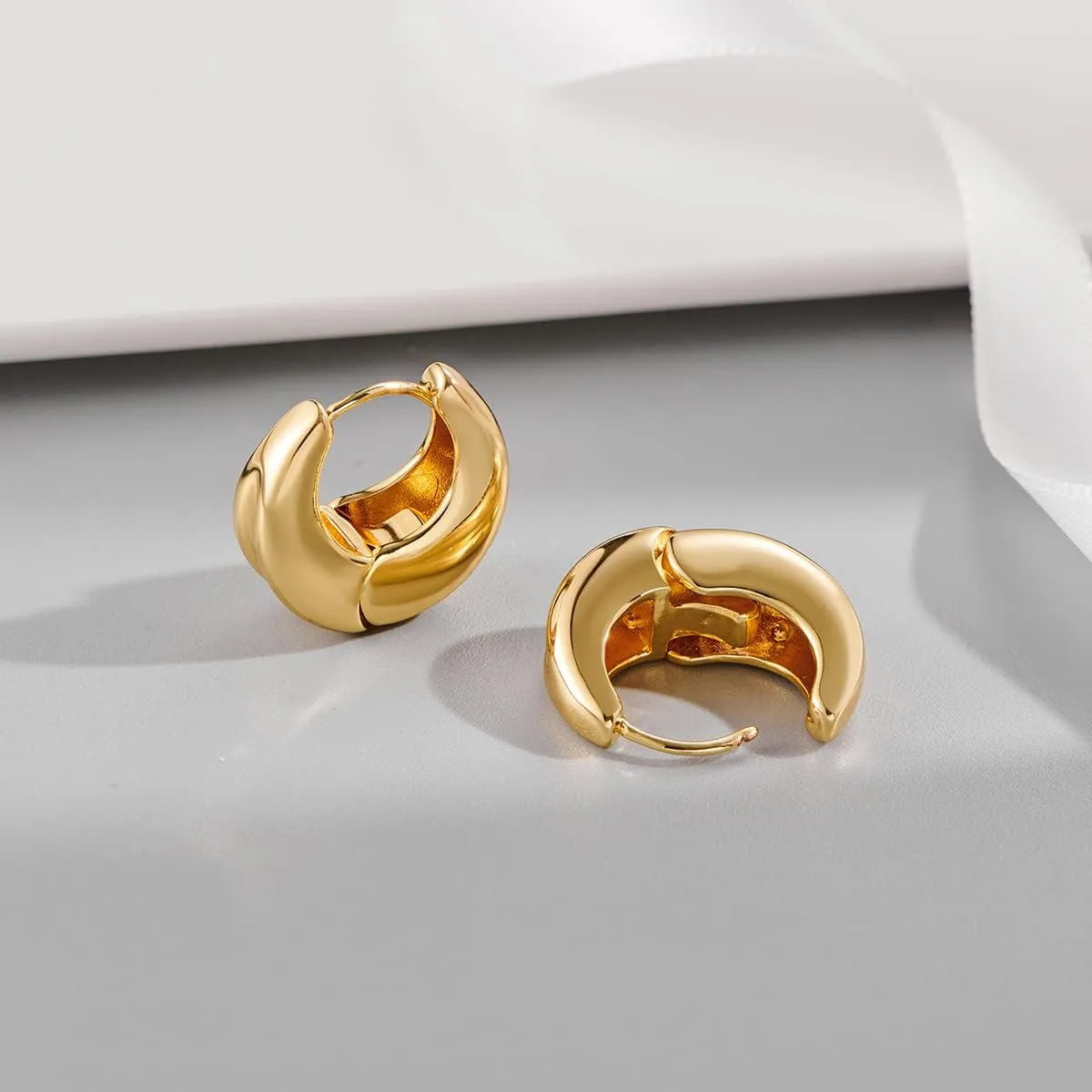 YUJIE Chunky Gold Huggie Earrings - 18K Gold Plated, Hypoallergenic Hoops for Women & Men