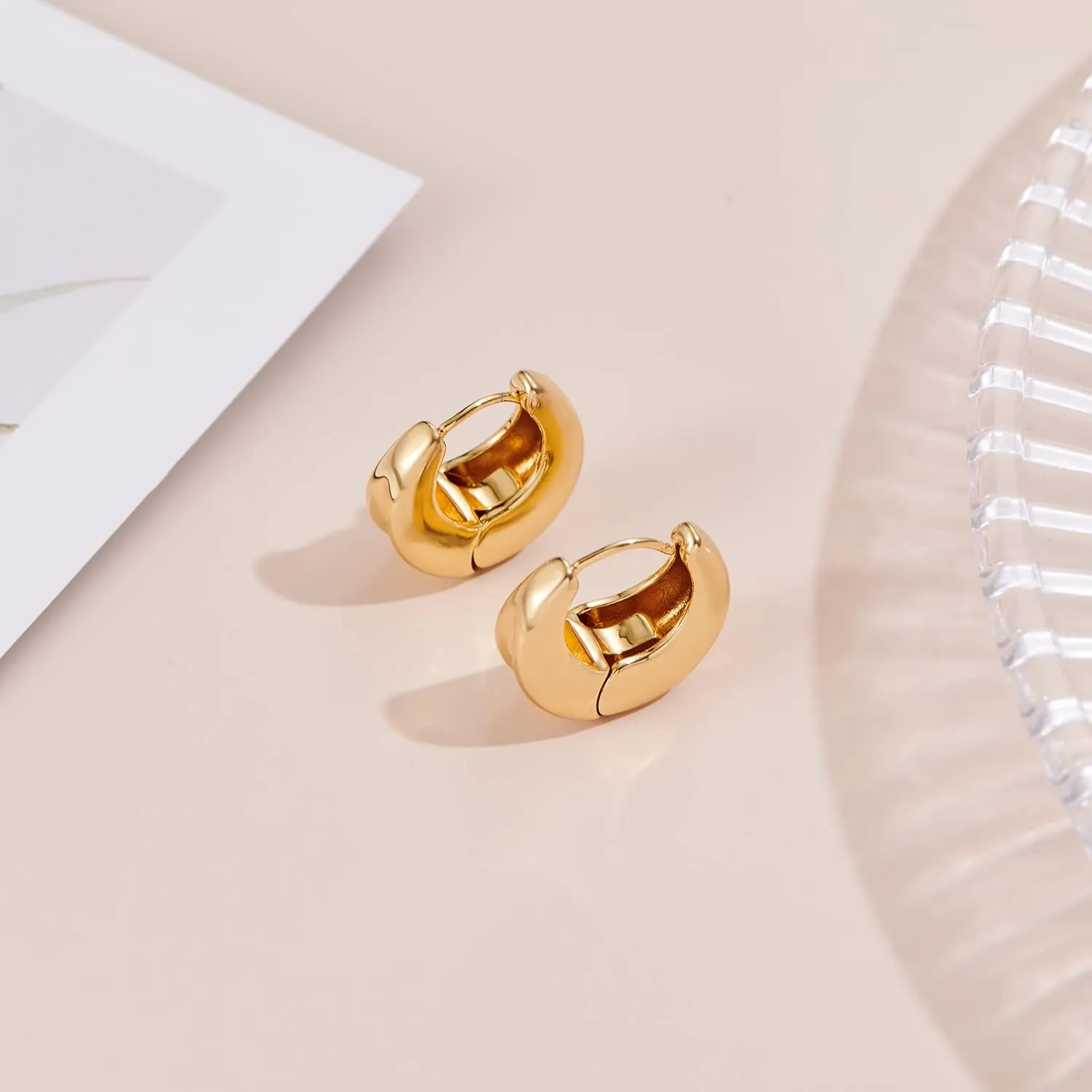 YUJIE Chunky Gold Huggie Earrings - 18K Gold Plated, Hypoallergenic Hoops for Women & Men