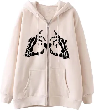 Zip Up Hoodie for Women Oversized Skeleton Graphic Pockets Drawstring Y2K Hooded Sweatshirts Cpmfort Travel Zipper Hoodie