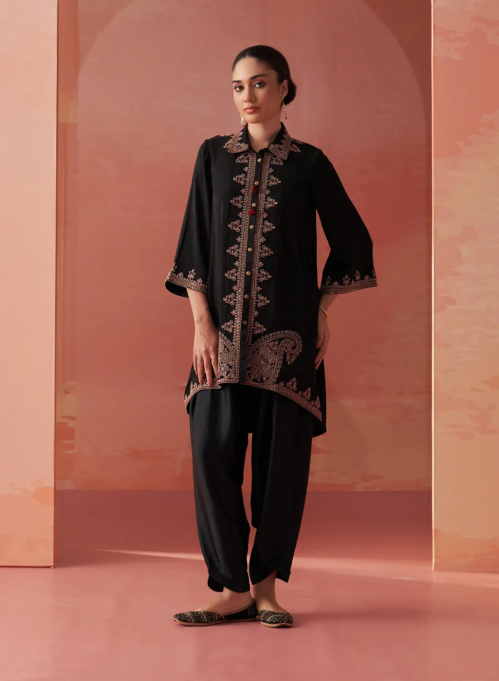 Zoha Black Embroidered Rayon Shirt for Women