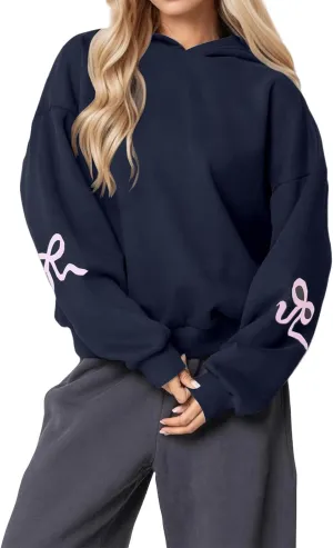 ZWRXW Womens Bow Print Hoodies Oversized Long Sleeve Drop Shoulder Sweatshirts Fall Winter Casual Hooded Pullover Tops