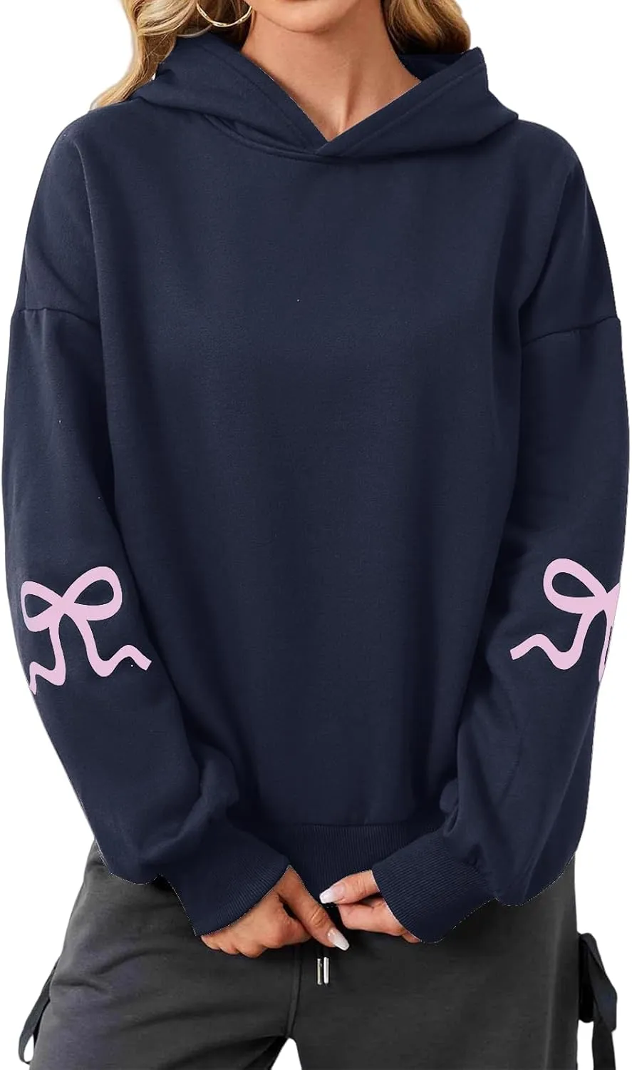 ZWRXW Womens Bow Print Hoodies Oversized Long Sleeve Drop Shoulder Sweatshirts Fall Winter Casual Hooded Pullover Tops